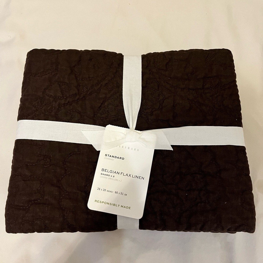 2 Pottery Barn Belgian Flax Linen Floral Stich Quilt-2 Shams Dark Royal Purple